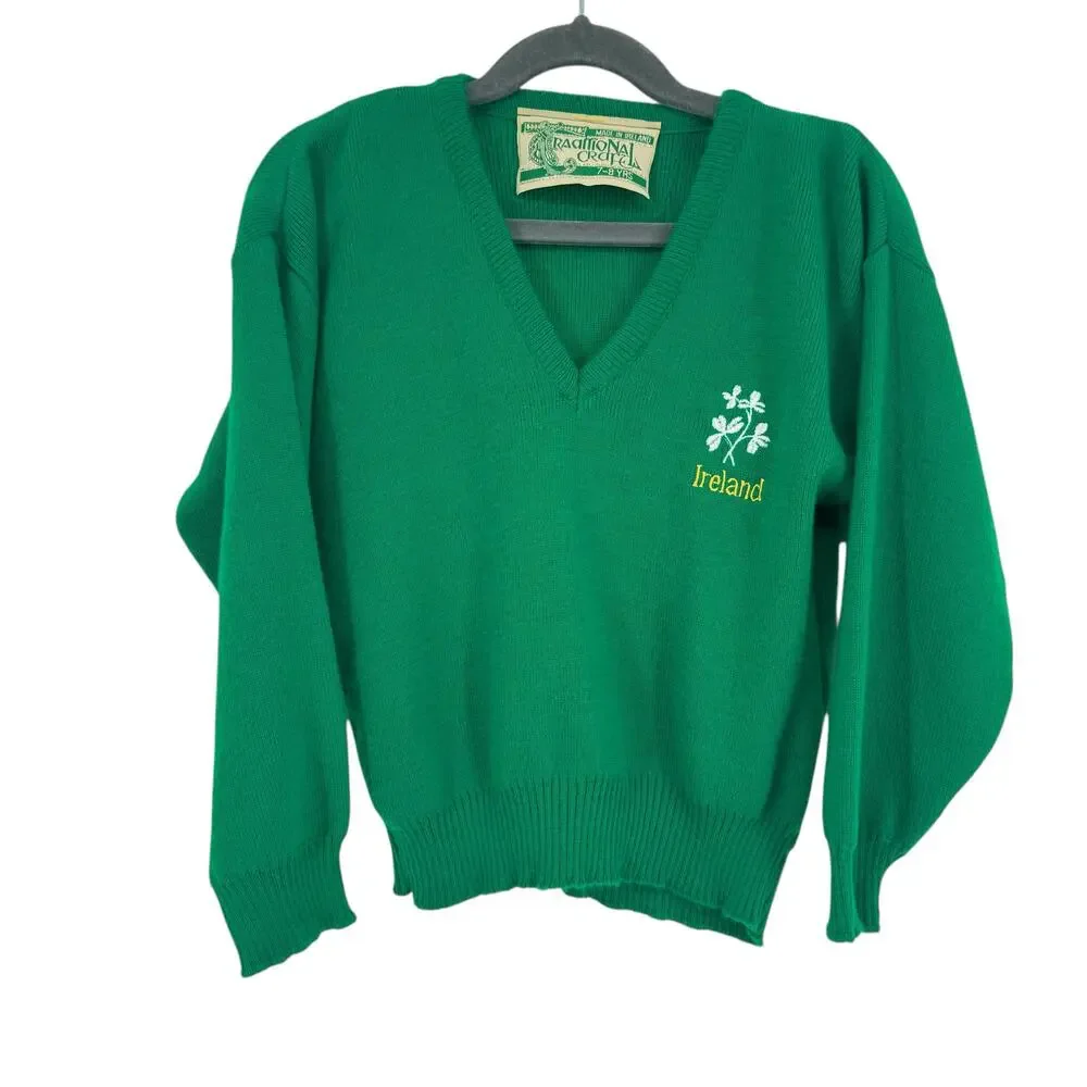 Traditional Craft Irish V Neck Sweater Kids 7-8 Celtic St Pattys‎ Day Green